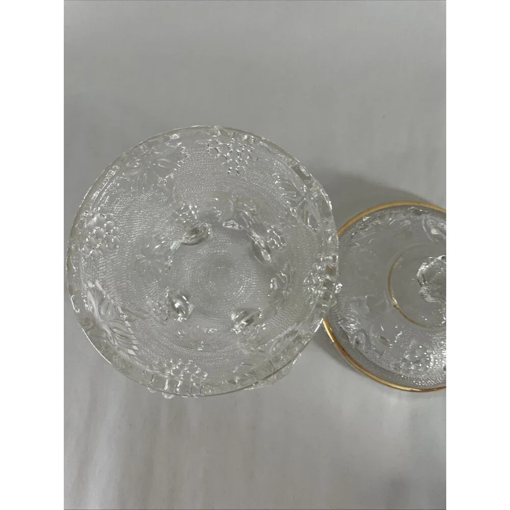 Jeanette Glass Clear Footed Candy Dish w/Gold Trim w/Lid Harvest Grape VTG